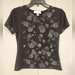 Andre Sauvage Blouse Womens Small Black Tan Floral Gothic Roses Top Made In USA